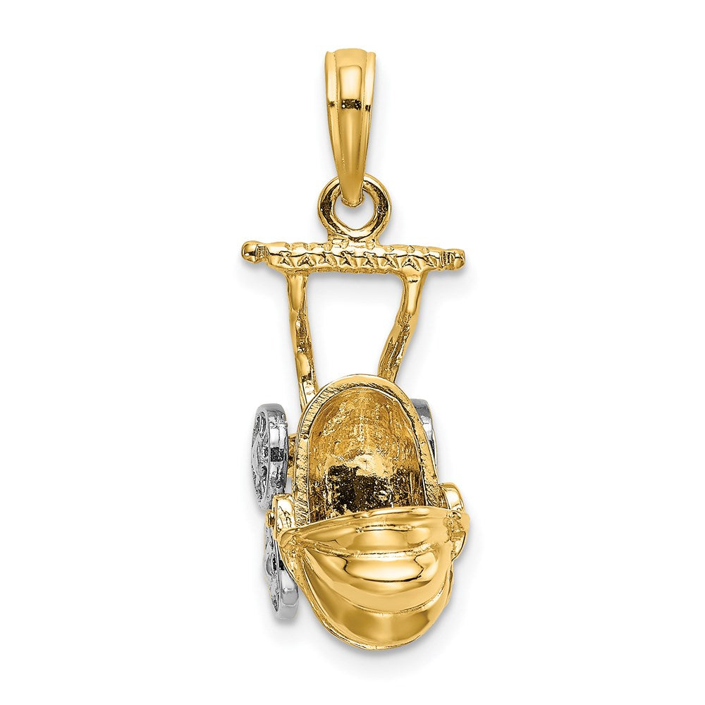 Million Charms 14K Yellow Gold Themed With Rhodium-plated 3-D Baby Stroller With Moveable Wheels Charm