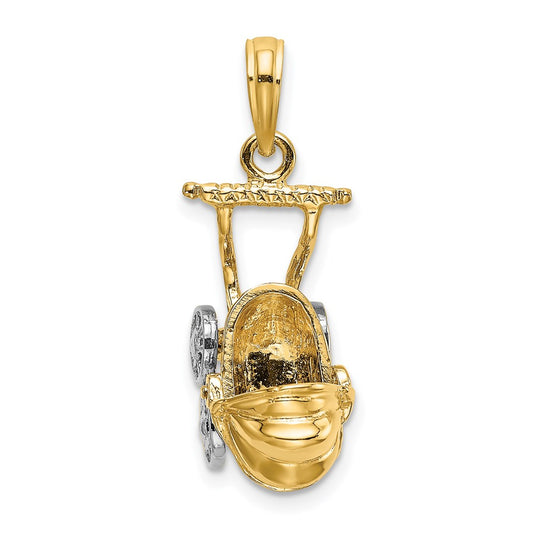 Million Charms 14K Yellow Gold Themed With Rhodium-plated 3-D Baby Stroller With Moveable Wheels Charm