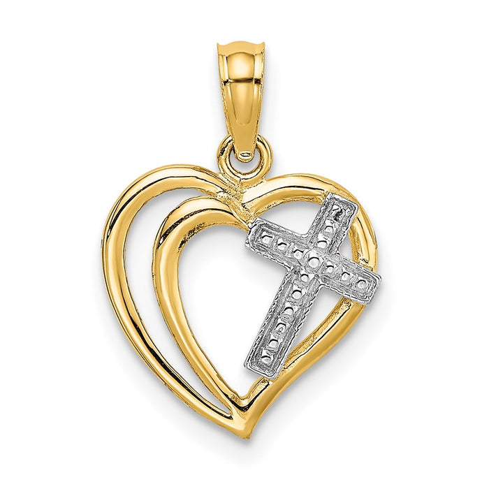 Million Charms 14K Yellow Gold Themed With Rhodium-Plated Relgious Cross In Heart Charm