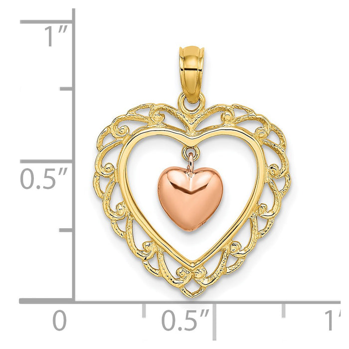 Million Charms 14K Yellow & Rose Gold Themed Polished Dangling Heart In Heart Charm