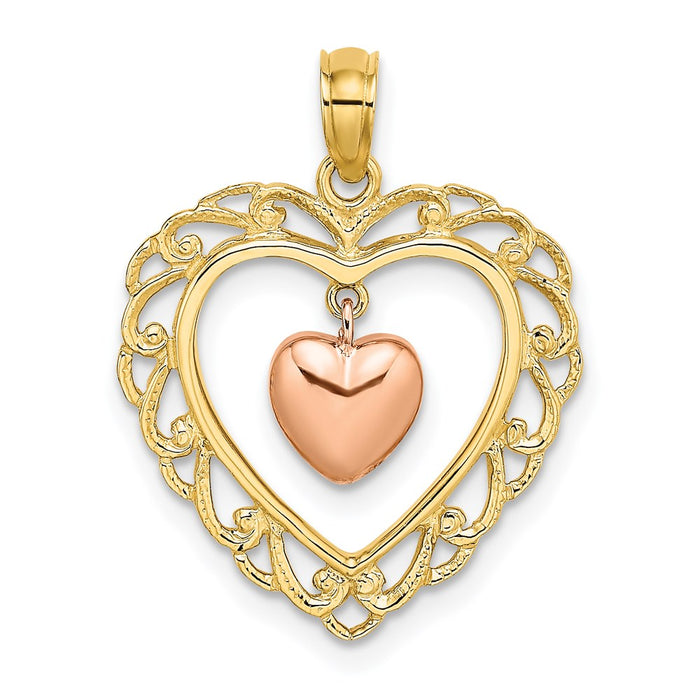 Million Charms 14K Yellow & Rose Gold Themed Polished Dangling Heart In Heart Charm