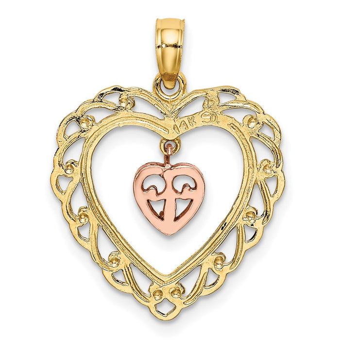 Million Charms 14K Two-Tone Diamond-Cut With Dangling Mini Heart In Center Heart Charm