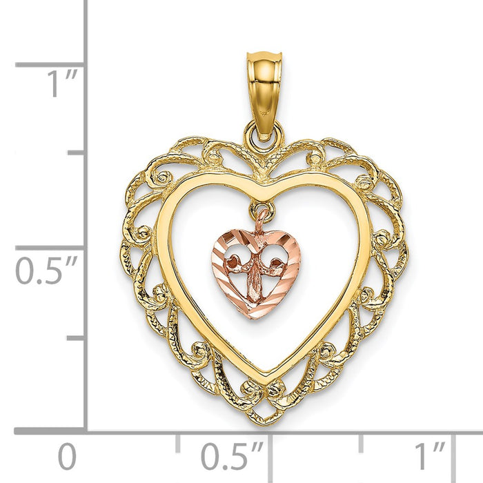 Million Charms 14K Two-Tone Diamond-Cut With Dangling Mini Heart In Center Heart Charm