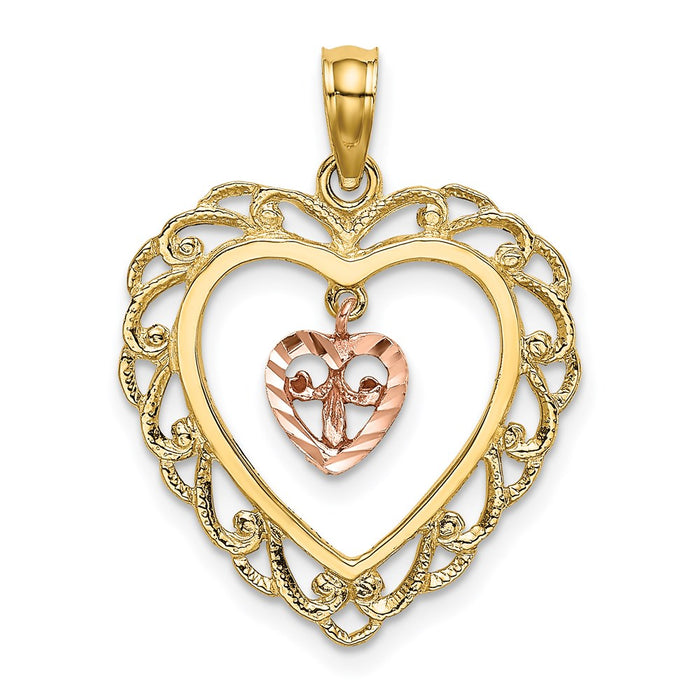 Million Charms 14K Two-Tone Diamond-Cut With Dangling Mini Heart In Center Heart Charm