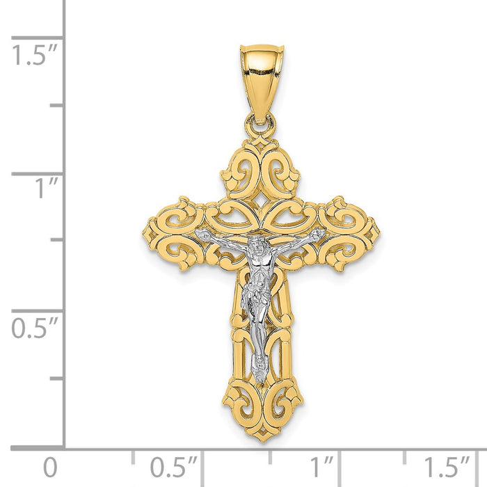 Million Charms 14K With Rhodium-Plated Relgious Crucifix With Scrolled Tips Charm