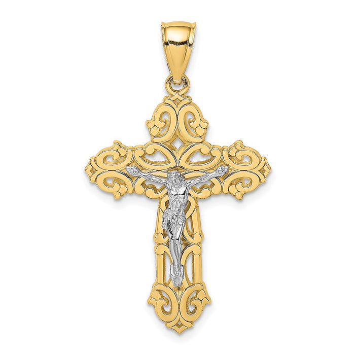 Million Charms 14K With Rhodium-Plated Relgious Crucifix With Scrolled Tips Charm