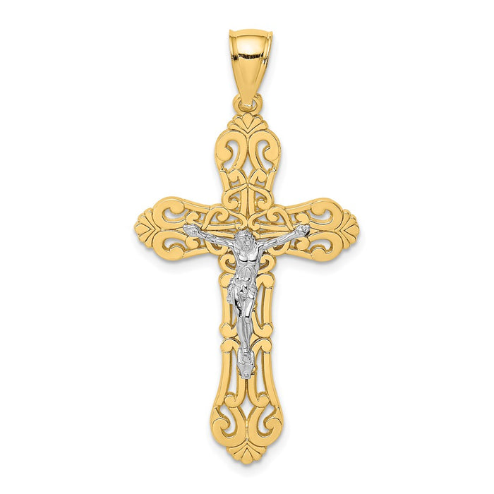 Million Charms 14K With Rhodium-Plated Relgious Crucifix With Scrolled Tips Charm