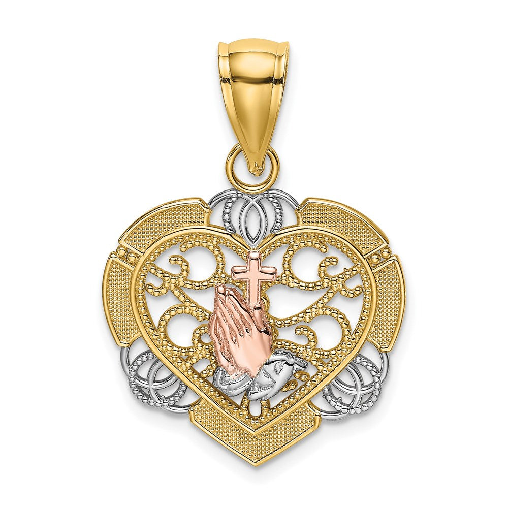 Million Charms 14K Tri-Color Praying Hands & Relgious Cross In Heart Charm