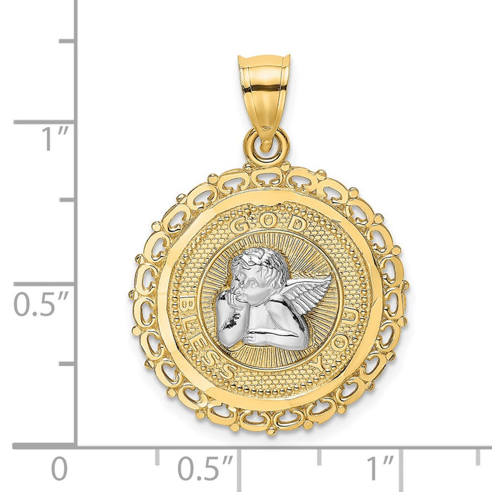 Million Charms 14K Yellow Gold Themed With Rhodium-Plated Round Engraved Disc & Cherub Charm