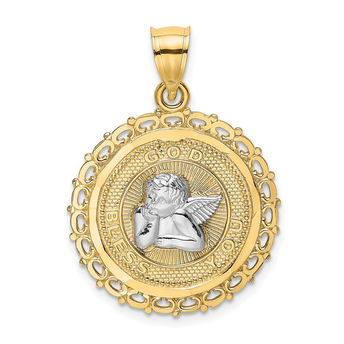 Million Charms 14K Yellow Gold Themed With Rhodium-Plated Round Engraved Disc & Cherub Charm