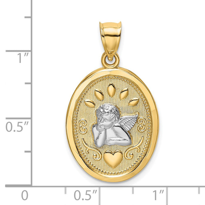 Million Charms 14K Yellow Gold Themed With Rhodium-Plated Oval Engraved Disc & Cherub With Heart Charm