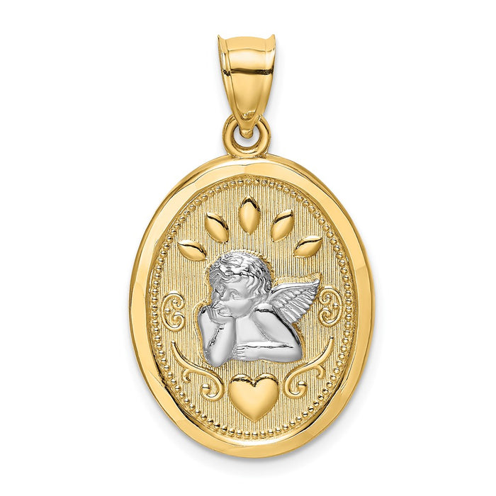 Million Charms 14K Yellow Gold Themed With Rhodium-Plated Oval Engraved Disc & Cherub With Heart Charm