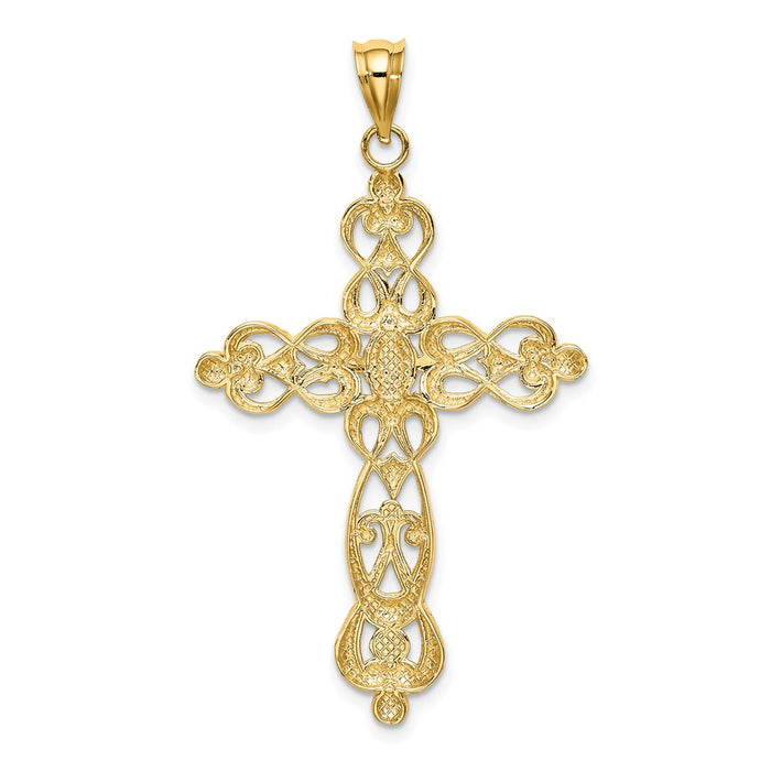 Million Charms 14K Yellow Gold Themed With Rhodium-Plated Scroll Design & Diamond-Cut Relgious Cross Charm