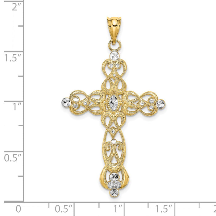 Million Charms 14K Yellow Gold Themed With Rhodium-Plated Scroll Design & Diamond-Cut Relgious Cross Charm