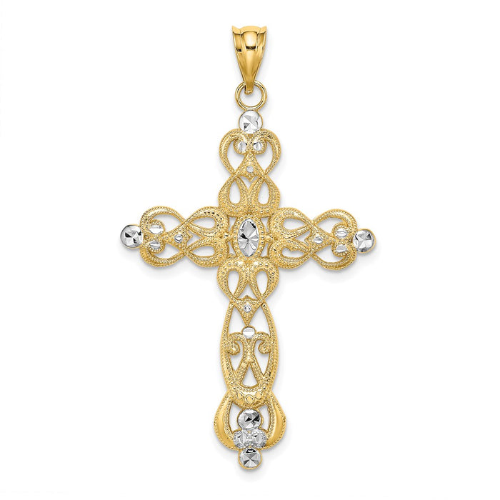 Million Charms 14K Yellow Gold Themed With Rhodium-Plated Scroll Design & Diamond-Cut Relgious Cross Charm