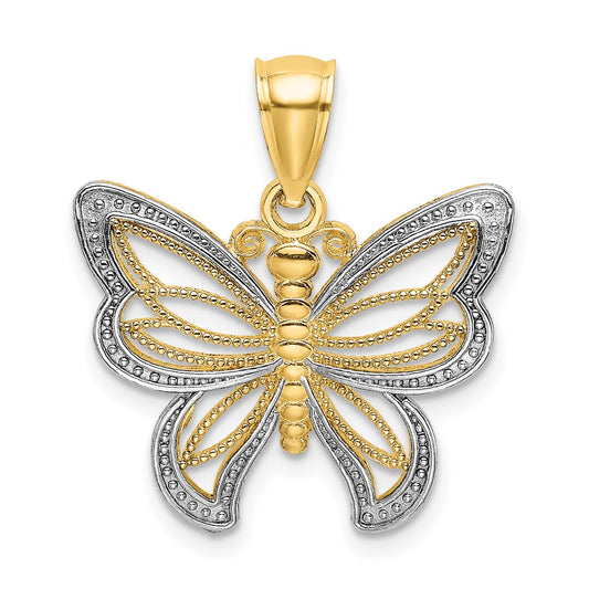 Million Charms 14K Yellow Gold Themed With Rhodium-Plated Butterfly With White Beaded Wings Charm