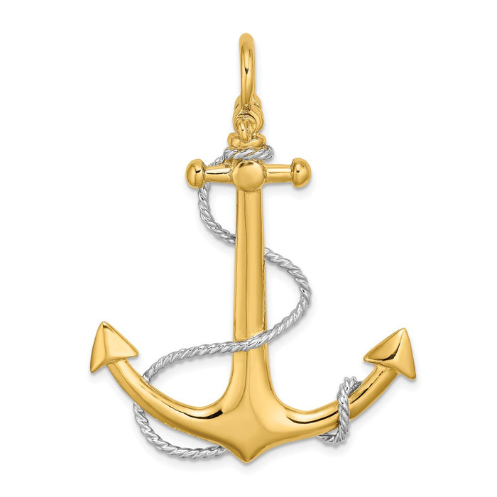 Million Charms 14K Rhodium-Plated 3-D Large Nautical Anchor With Rope & Shackle Bail Charm