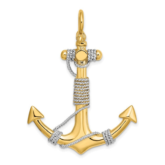 Million Charms 14K 3-D Large Nautical Anchor With White Wrapped Rope Charm