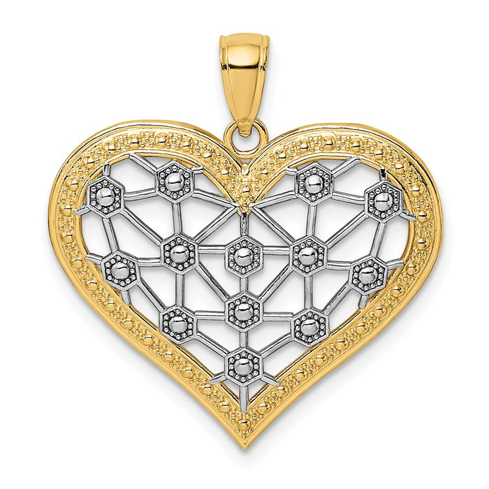 Million Charms 14K Yellow Gold Themed With Rhodium-Plated Lattice Center Heart Charm