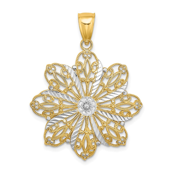 Million Charms 14K Yellow Gold Themed With Rhodium-Plated Diamond-Cut Flower Charm