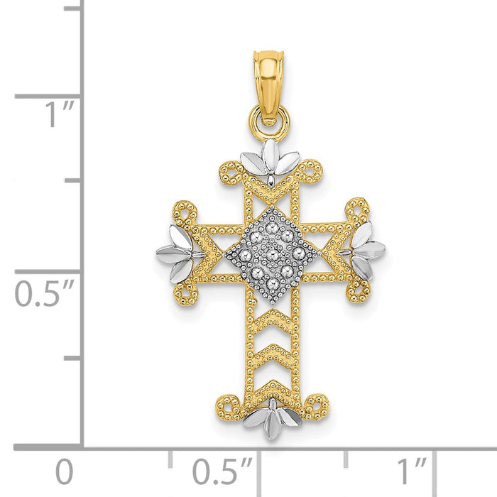 Million Charms 14K Yellow Gold Themed With Rhodium-Plated Beaded & Diamond-Cut Relgious Cross Charm