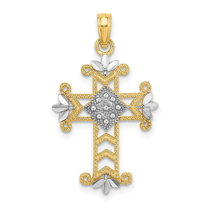 Million Charms 14K Yellow Gold Themed With Rhodium-Plated Beaded & Diamond-Cut Relgious Cross Charm