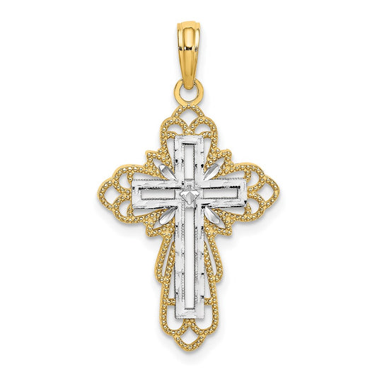 Million Charms 14K Yellow Gold Themed With Rhodium-Plated & Lace Trim Relgious Cross Charm