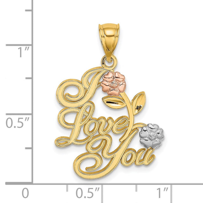 Million Charms 14K Tri-Color I Love You Script With Two Flowers Charm