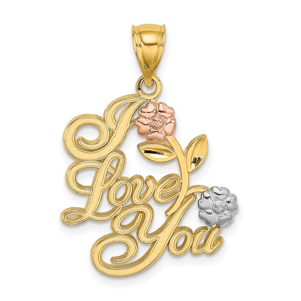 Million Charms 14K Tri-Color I Love You Script With Two Flowers Charm