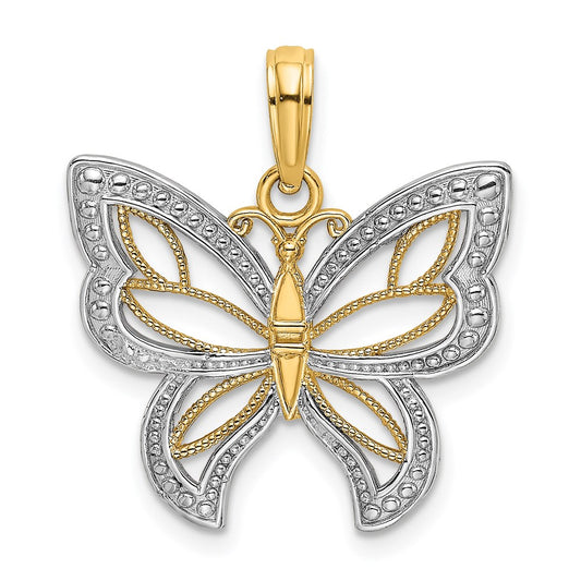 Million Charms 14K Yellow Gold Themed With Rhodium-Plated Butterfly With White Beaded Wings Charm