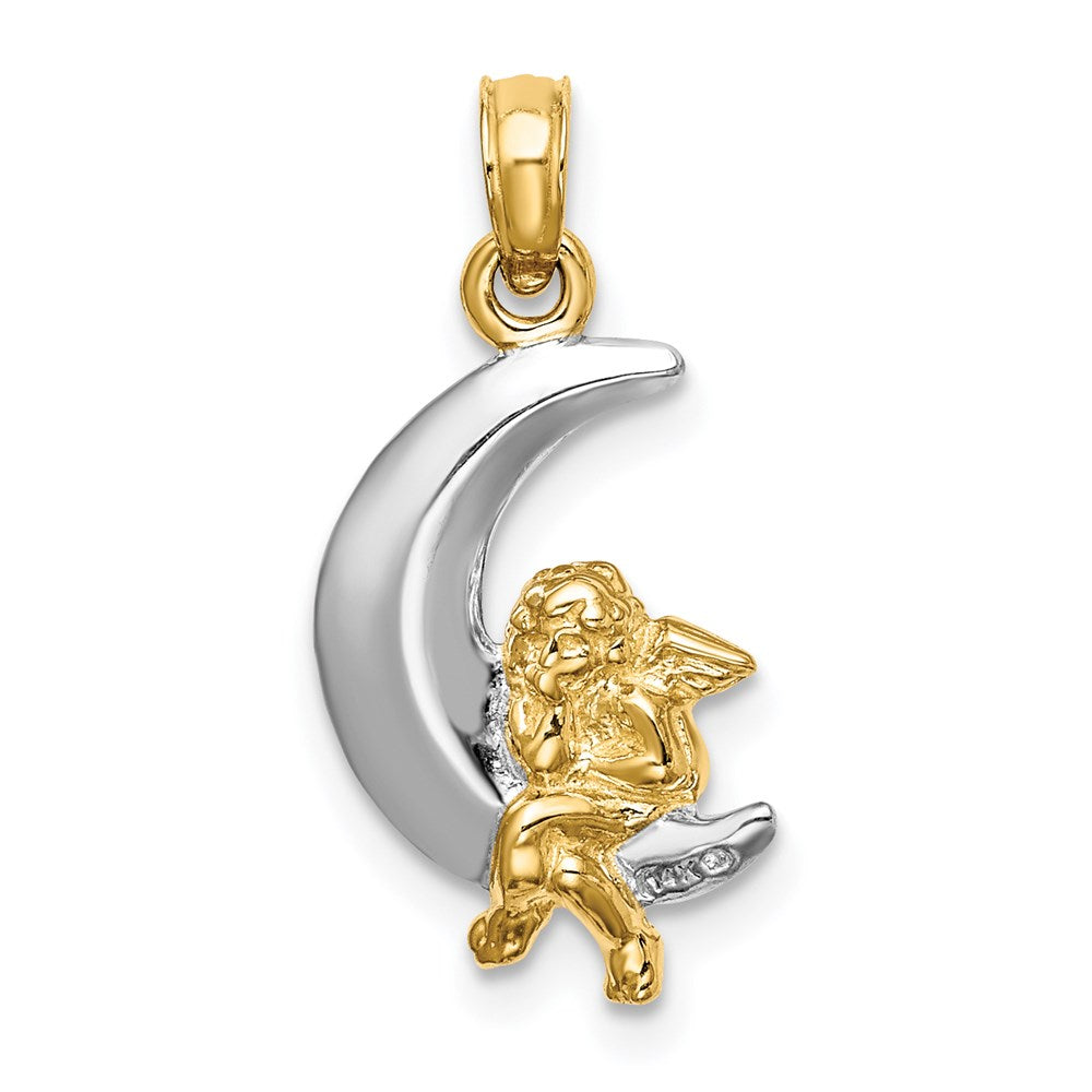 Million Charms 14K Yellow Gold Themed With Rhodium-plated 3-D Angel On Moon Charm