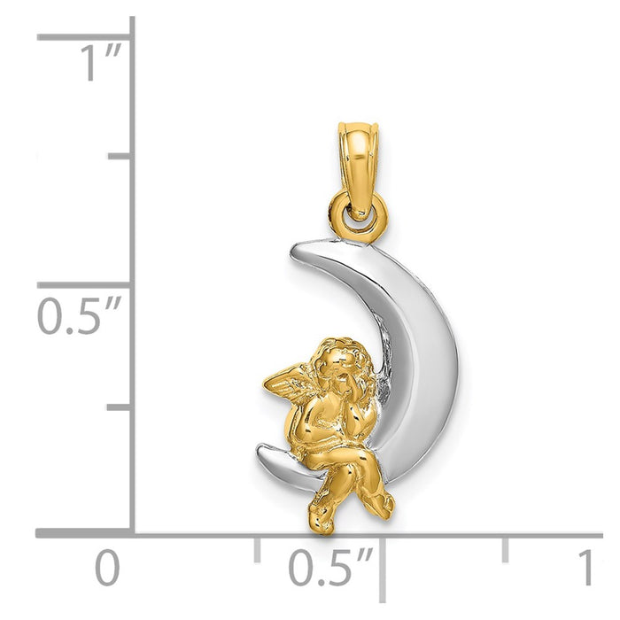 Million Charms 14K Yellow Gold Themed With Rhodium-plated 3-D Angel On Moon Charm