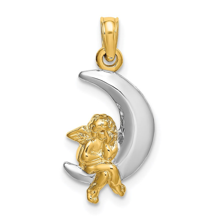 Million Charms 14K Yellow Gold Themed With Rhodium-plated 3-D Angel On Moon Charm