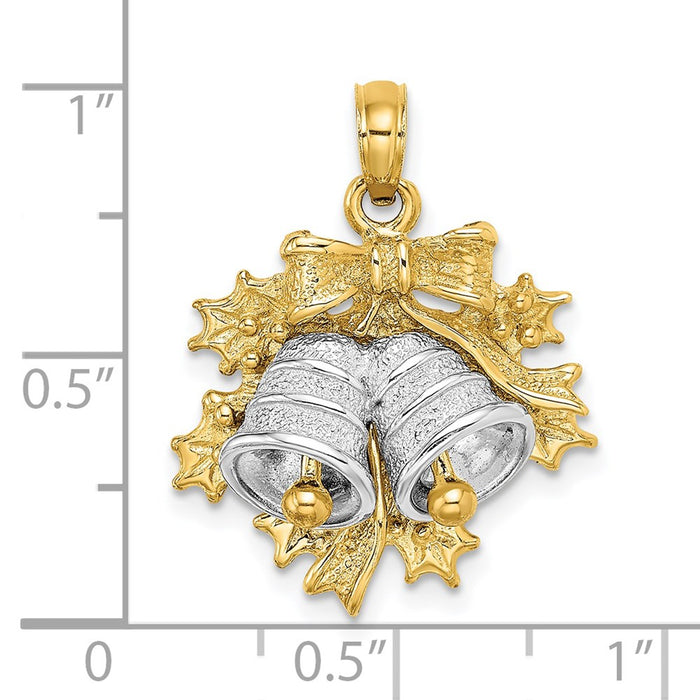 Million Charms 14K Two-Tone 3-D Christmas Bell & Holly Charm