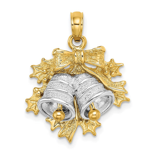 Million Charms 14K Two-Tone 3-D Christmas Bell & Holly Charm
