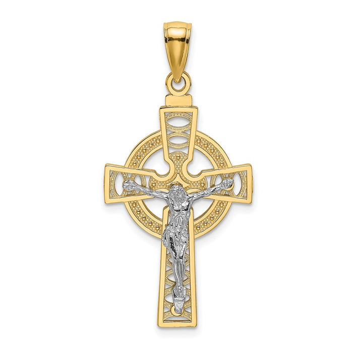 Million Charms 14K Two-Tone Celtic Relgious Crucifix With Eternity Circle Charm