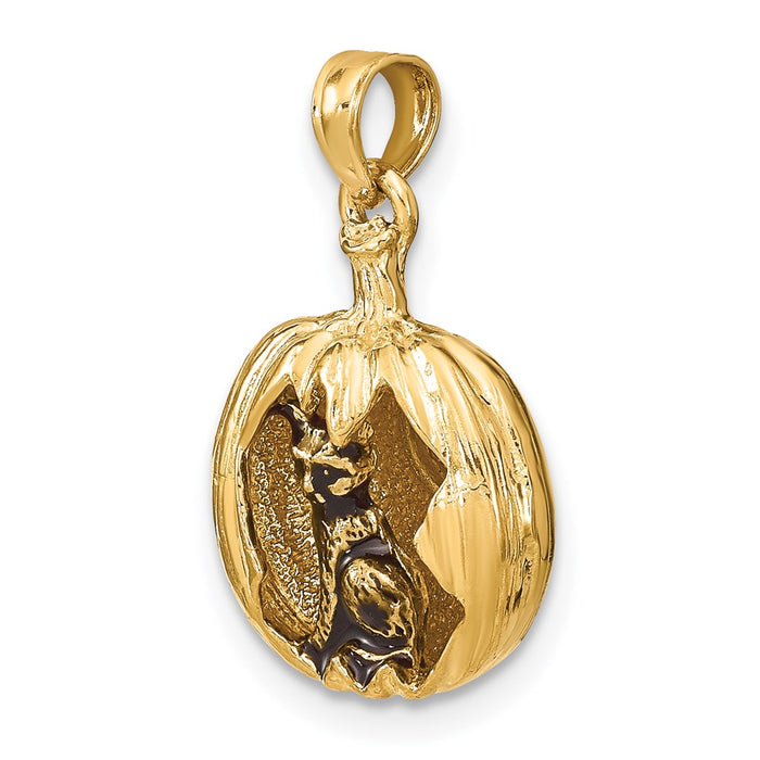Million Charms 14K Yellow Gold Themed With Rhodium-Plated 3-D Jack-O-Lantern With Enameled Black Cat & Moon Charm