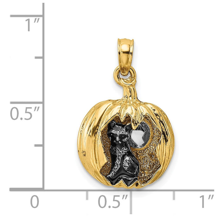 Million Charms 14K Yellow Gold Themed With Rhodium-Plated 3-D Jack-O-Lantern With Enameled Black Cat & Moon Charm