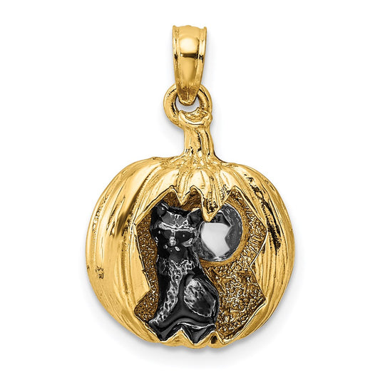 Million Charms 14K Yellow Gold Themed With Rhodium-Plated 3-D Jack-O-Lantern With Enameled Black Cat & Moon Charm
