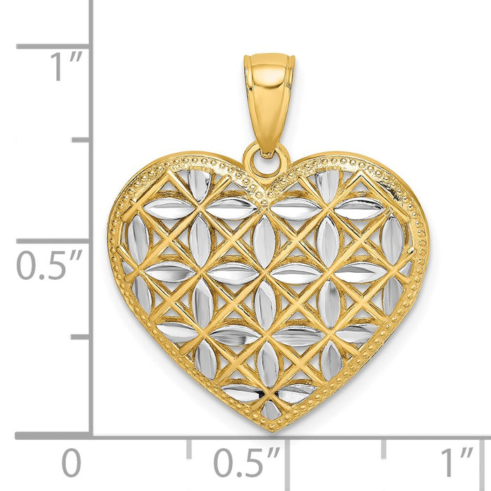 Million Charms 14K Yellow Gold Themed With Rhodium-Plated Diamond-Cut Leaves In Heart Charm