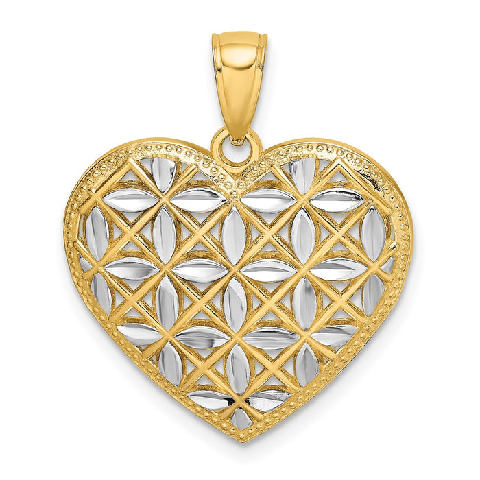 Million Charms 14K Yellow Gold Themed With Rhodium-Plated Diamond-Cut Leaves In Heart Charm