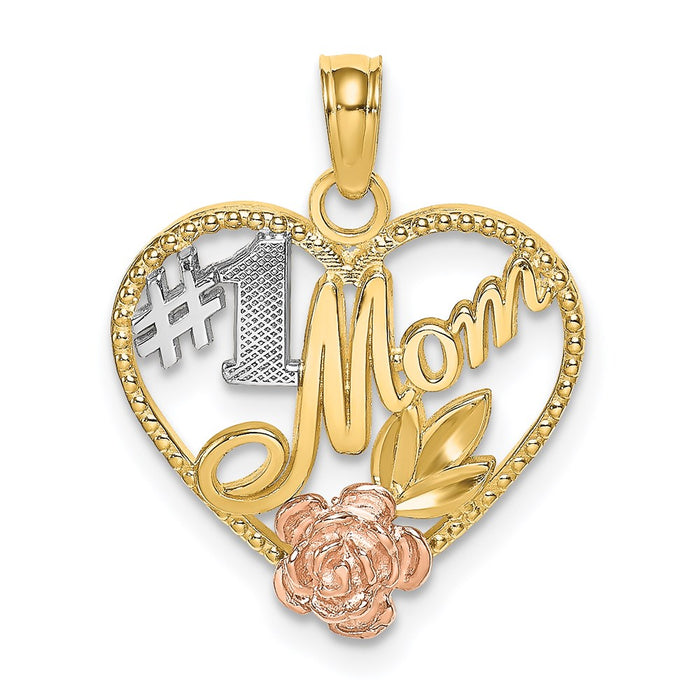 Million Charms 14K Tri-Color Beaded Heart With #1 Mom Charm