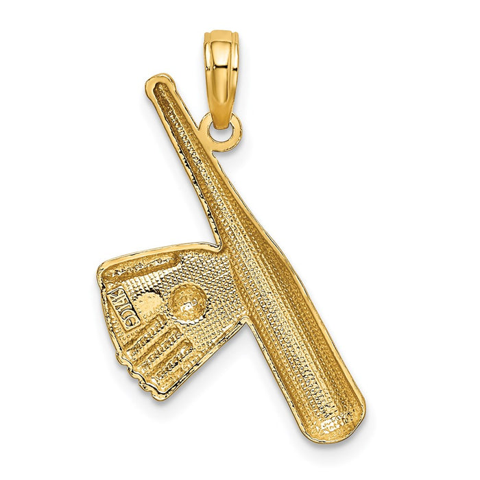 Million Charms 14K Yellow Gold Themed Sports Baseball Bat With Rhodium-Plated Ball Charm