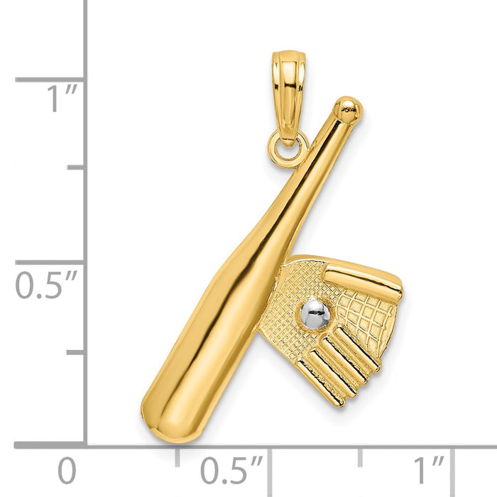 Million Charms 14K Yellow Gold Themed Sports Baseball Bat With Rhodium-Plated Ball Charm