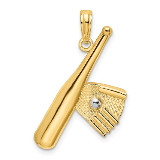 Million Charms 14K Yellow Gold Themed Sports Baseball Bat With Rhodium-Plated Ball Charm