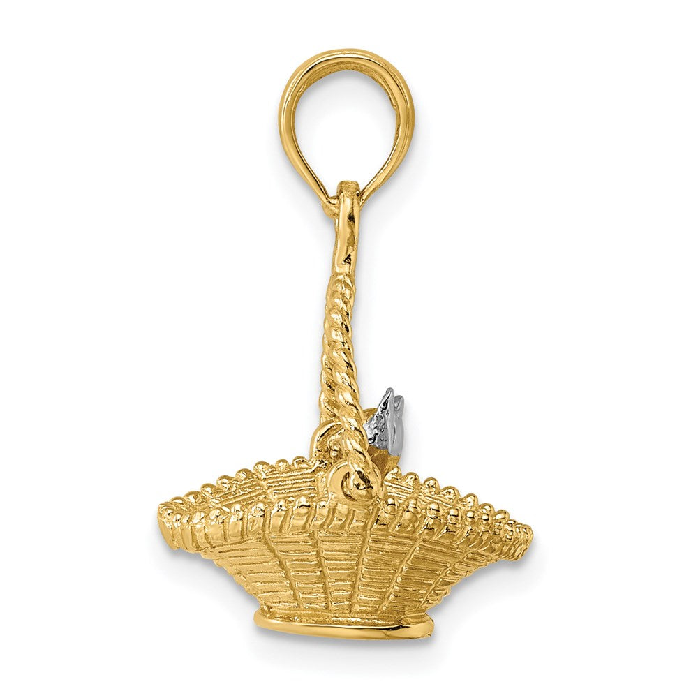 Million Charms 14K With Rhodium-Plated 3-D Tiny Cat In Basket Charm
