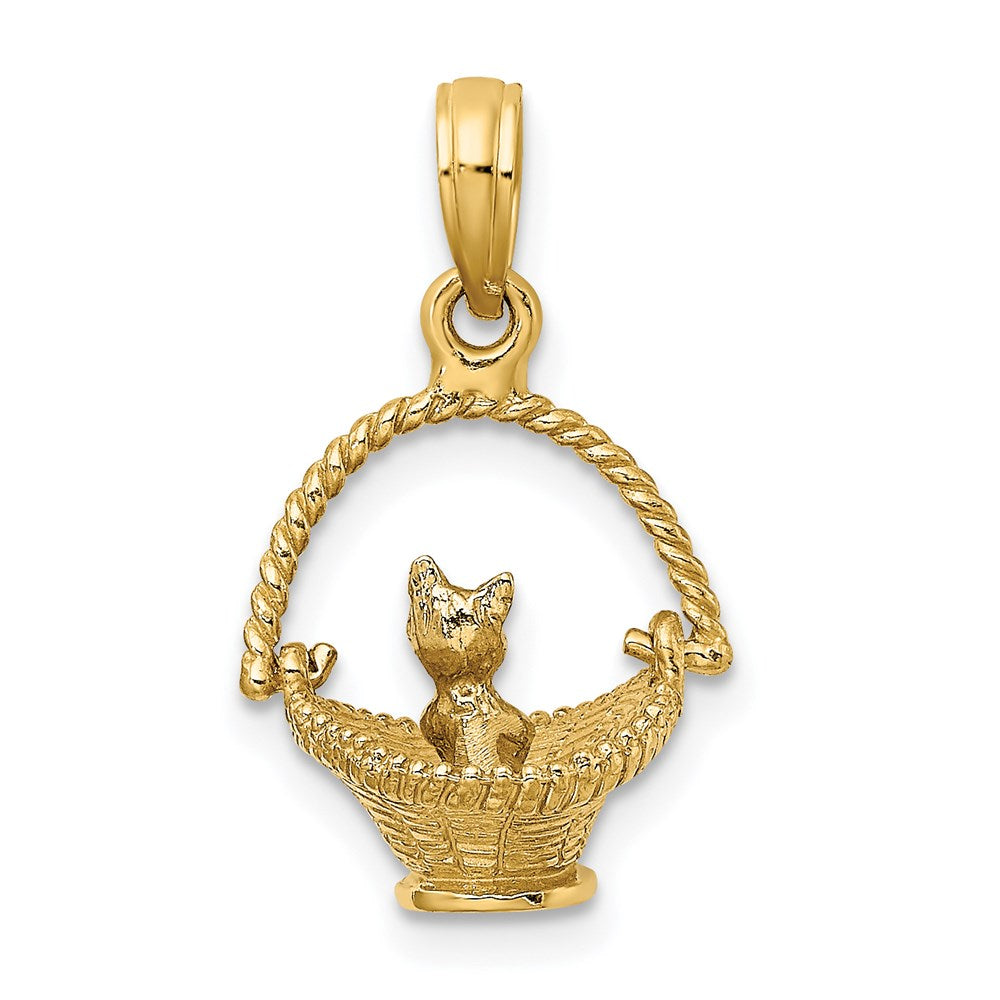 Million Charms 14K With Rhodium-Plated 3-D Tiny Cat In Basket Charm