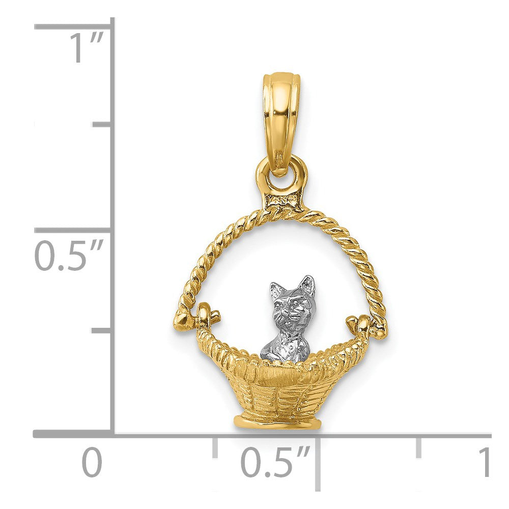 Million Charms 14K With Rhodium-Plated 3-D Tiny Cat In Basket Charm