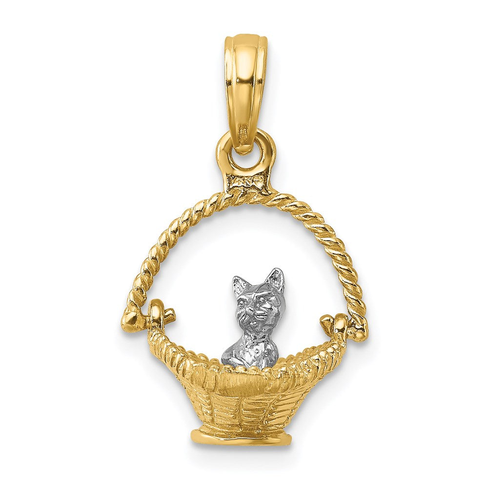 Million Charms 14K With Rhodium-Plated 3-D Tiny Cat In Basket Charm