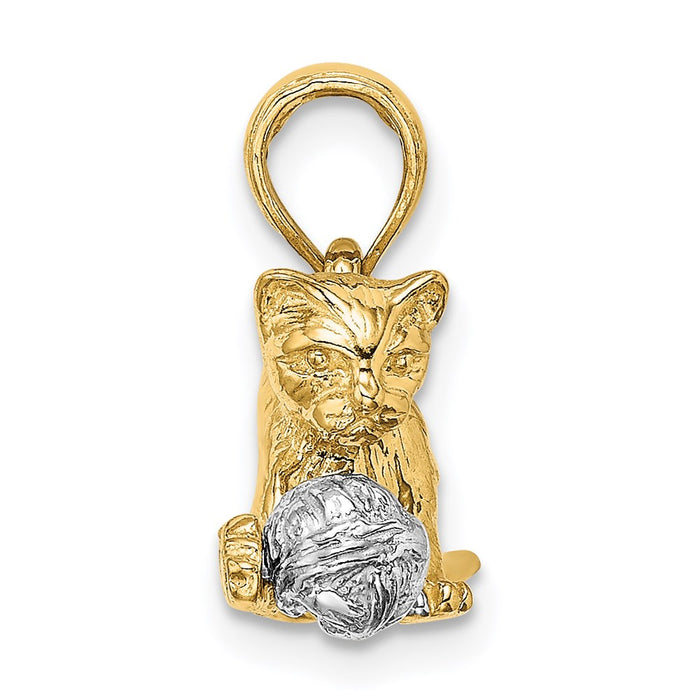 Million Charms 14K With Rhodium-plated 3-D Cat Playing With Moveable Ball Charm